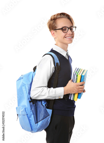 Teenage boy with backpack h...