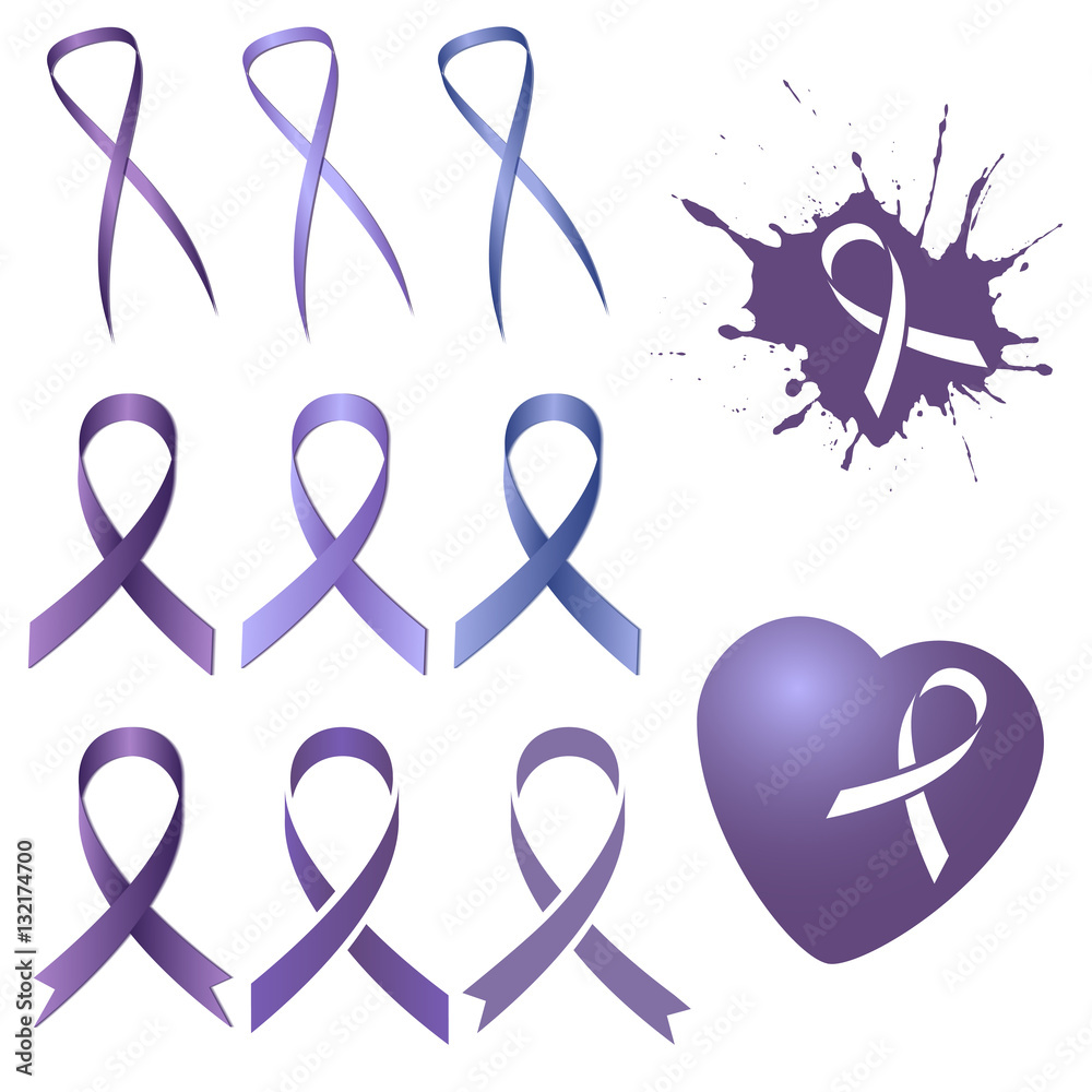Set of lavender ribbon in several different versions and tints of lilac isolated on white. World Cancer Day. Vector illustration Set of lavender ribbon in several different versions and tints of lilac isolated on white. World Cancer Day. Vector illustration