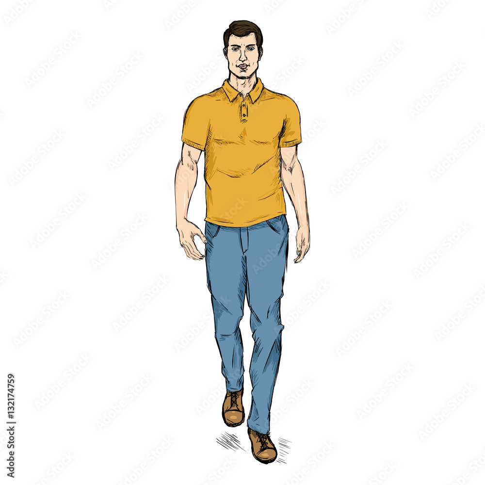 Vector Sketch Fashion Male Model in Trousers and Polo Shirt Vector Sketch Fashion Male Model in Trousers and Polo Shirt