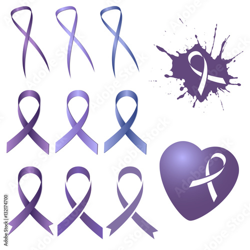 Set of lavender ribbon in several different versions and tints of lilac isolated on white. World Cancer Day. Vector illustration