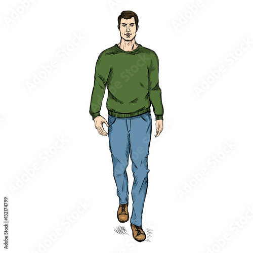 Vector Sketch Fashion Male Model in Trousers and Sweatshirt