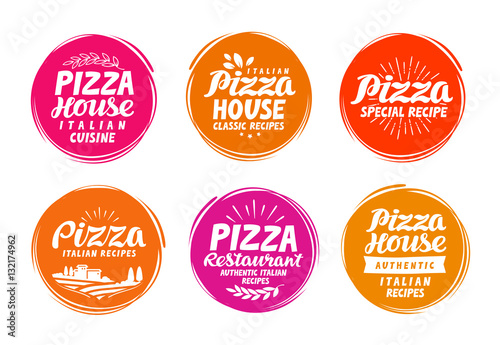 Pizza icons set. Collection labels for menu design restaurant or cafe. Vector illustration