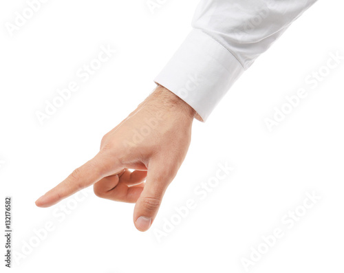 Foto Male finger touching imaginary screen isolated on white