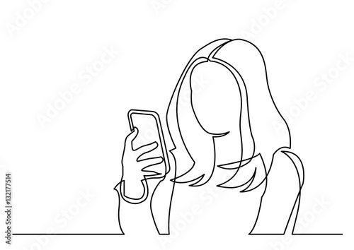 continuous line drawing of woman reading mobile phone