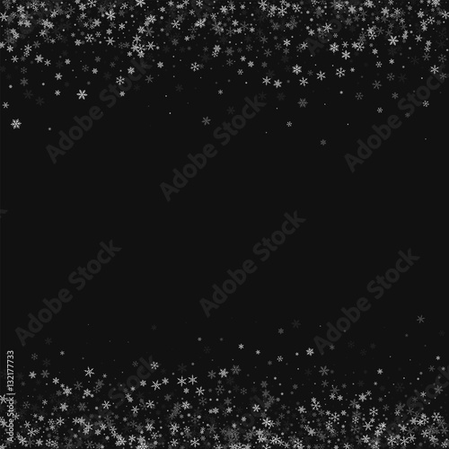 Beautiful snowfall. Borders on black background. Vector illustration.