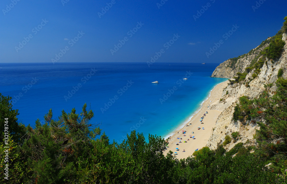Egremni beach, Lefkada island, Greece. Large and long beach with turquoise water on the island of Lefkada