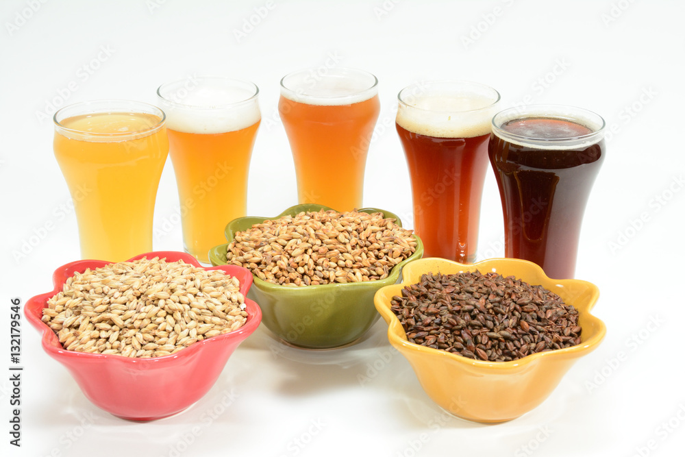 Home brew beer ingredients with various grains illustrating different