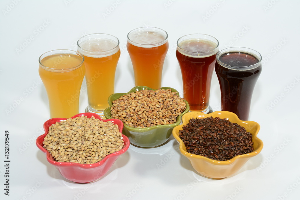 Home brew beer ingredients with various grains illustrating different