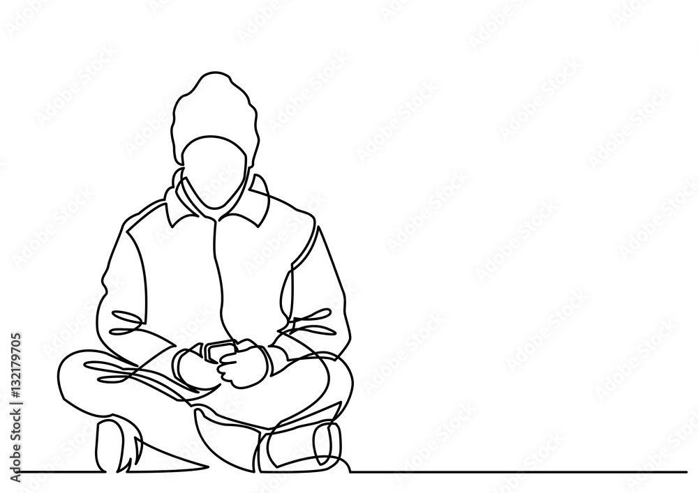 continuous line drawing of young man sitting with mobile phone continuous line drawing of young man sitting with mobile phone