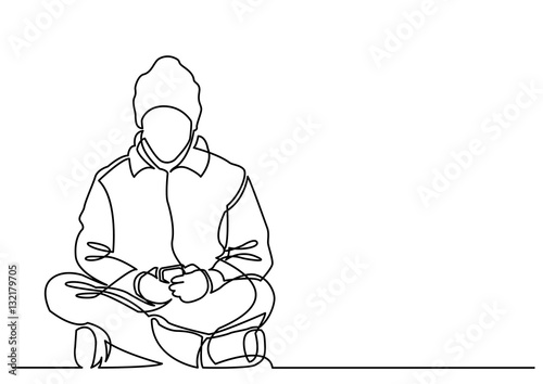continuous line drawing of young man sitting with mobile phone