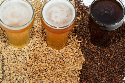 Billede på lærred Home brew beer ingredients with various grains illustrating different color and