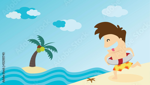 Man running to summer beach. Vector illustration.