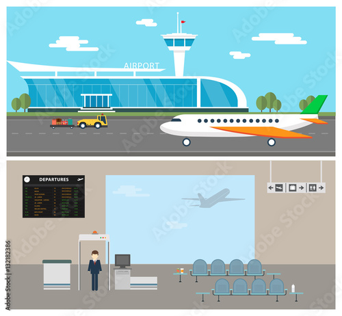 Vector airport icons set: landing, takeoff, runway, pilot, airfield control tower, stewardess, shopping bag duty free, transfer, luggage cart