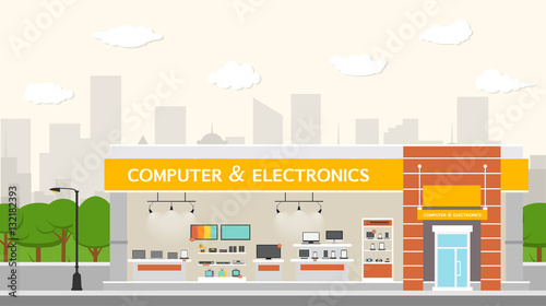 Computers and electronics store building and interior, laptops mobile phones and television screens.