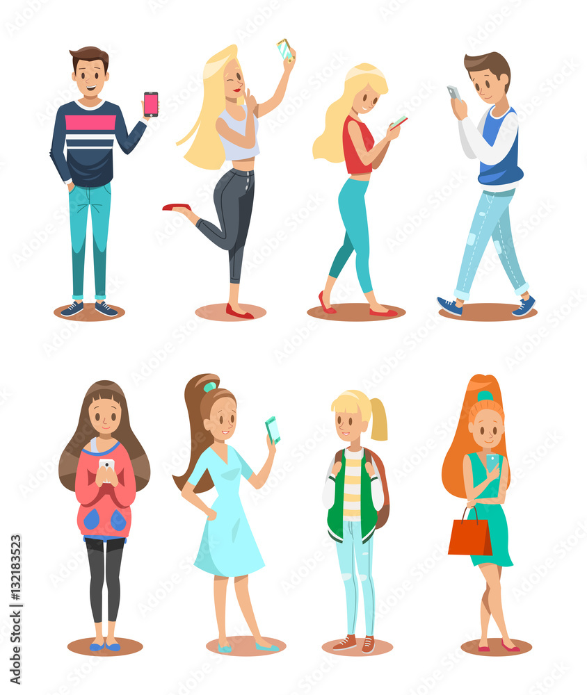 Fototapeta premium boy and girl playing smartphone character design