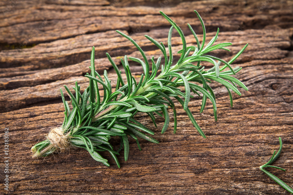 Fresh green Rosemary bound on a wooden board Fresh green Rosemary bound on a wooden board