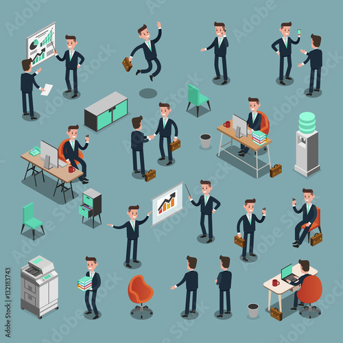 Set of ISOMETRIC BUSINESS PEOPLE in office, share idea, info gra