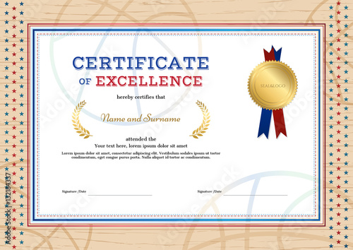 Certificate of excellence template in sport theme for basketball event with wooden border