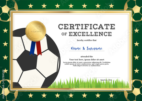 Certificate of excellence template in sport theme for football match