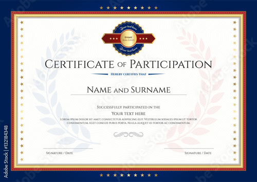 Certificate of participation template with laurel background and blue border