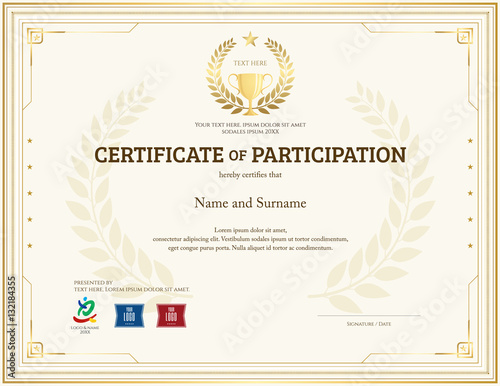 Certificate of participation template in gold theme with trophy