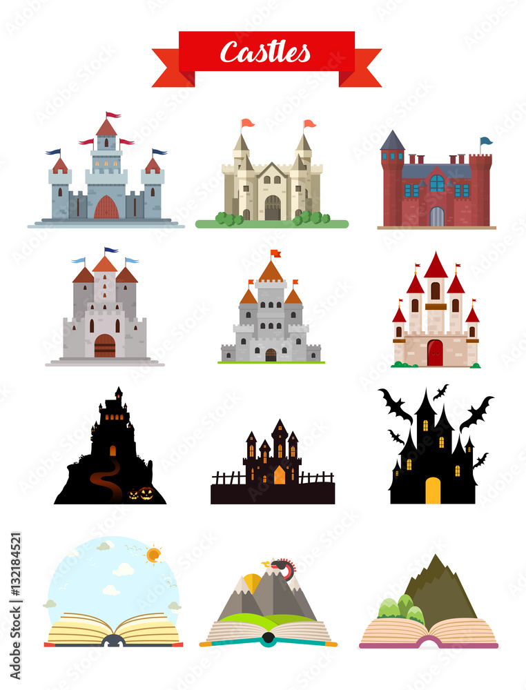 Medieval ancient castle buildings flat icons set isolated vector illustration