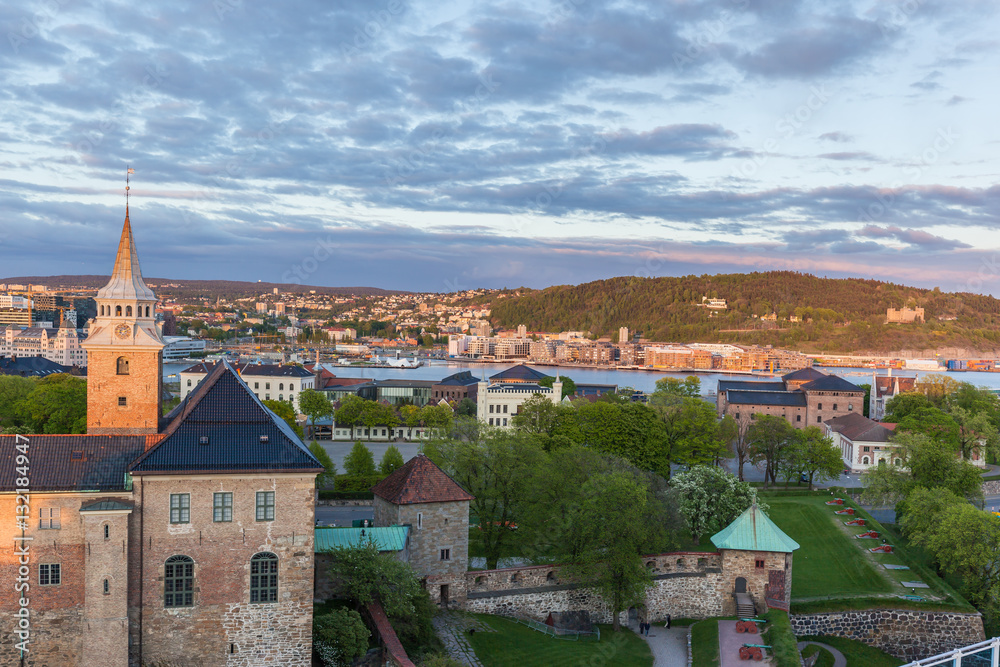 Akershus Fortress and city skyline in Oslo, Norway.
Akershus Fortress or Akershus Castle is a medieval castle that was built to protect Oslo.