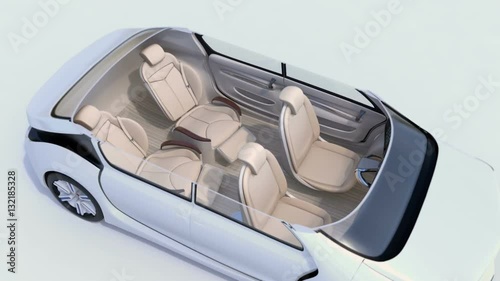 3D animation of business meeting layout in self driving  car.  Front seats turn to backward, and the rear seats have gorgeous reclining massage function