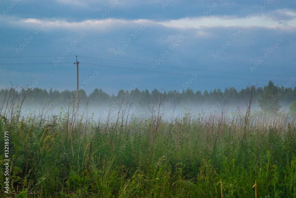 Fog under meadow rural landscape Russia