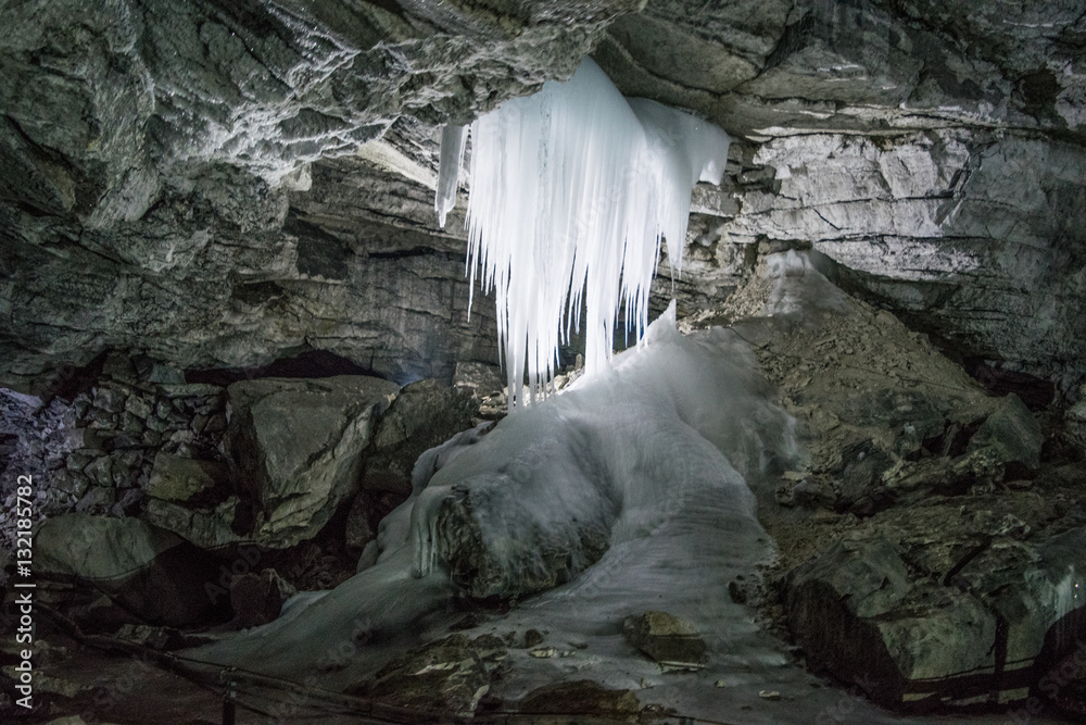 Kungur ice cave hall with stalactites, the Urals