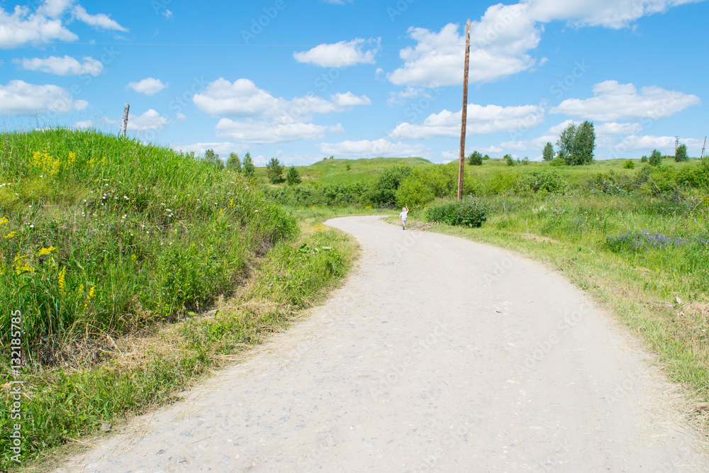 Russian summertime rural road and meadow landscape