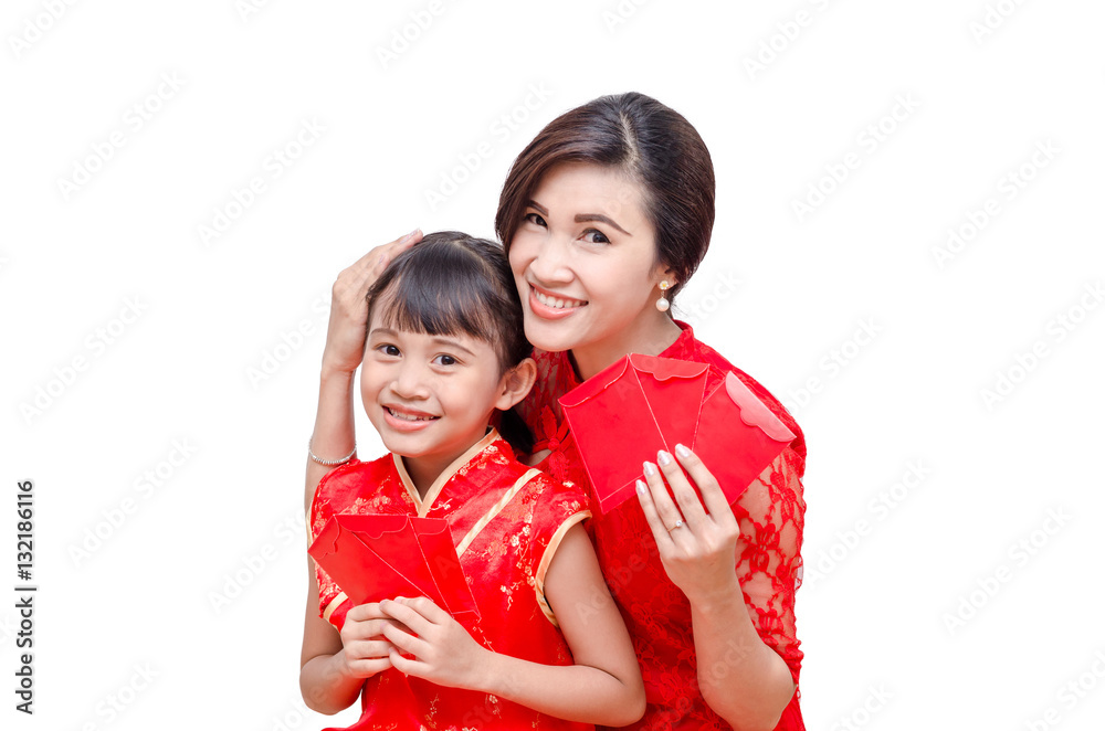 Asian mother and child in chinese traditional dress holding red Asian mother and child in chinese traditional dress holding red
