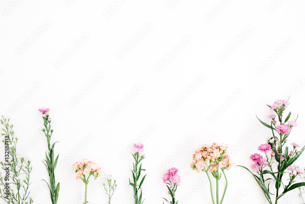 Colorful wildflowers on white background. Flat lay, top view. Valentine's background Colorful wildflowers on white background. Flat lay, top view. Valentine's background