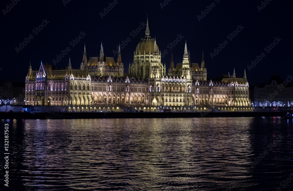 Beautiful illuminated famous Budapest parliament building along