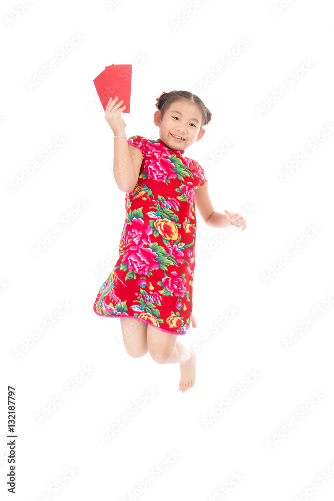 happy chinese new year. smile asian girl holding red envelope happy chinese new year. smile asian girl holding red envelope