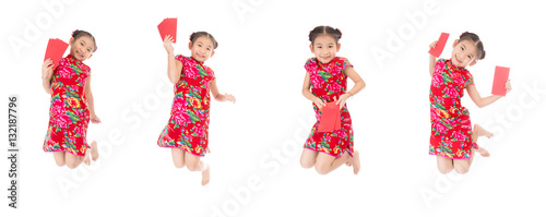 Group of happy chinese new year jump and smile ,asian girl holdi