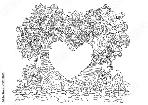 Abstract trees in heart shape line art design for coloring book