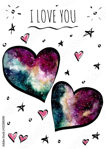 Plakat Karta z akwarela galaktyka, serca i słowa kocham cię