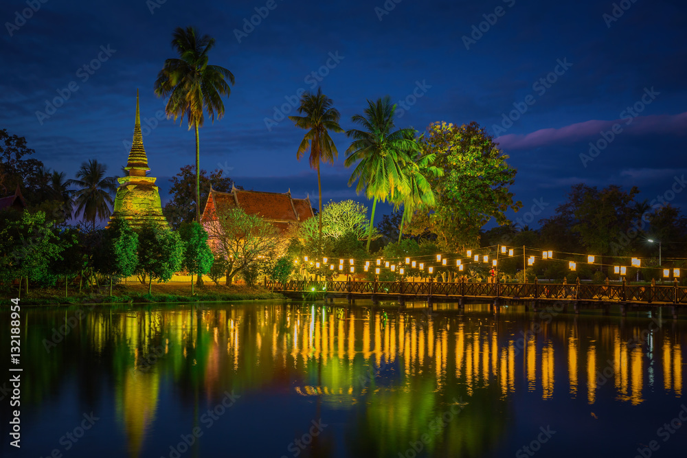 Twilight scene of traphangthong temple in Sukhothai, Thailand