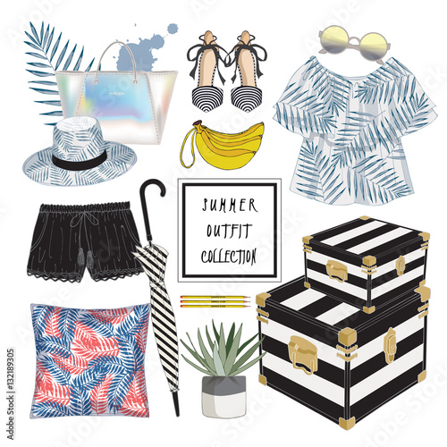 Vector of hand drawn fashion illustration. A set of summer outfit collection with home decor.
