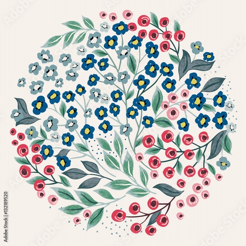 Vector illustration of a floral circle pattern with colorful flowers. Beige background