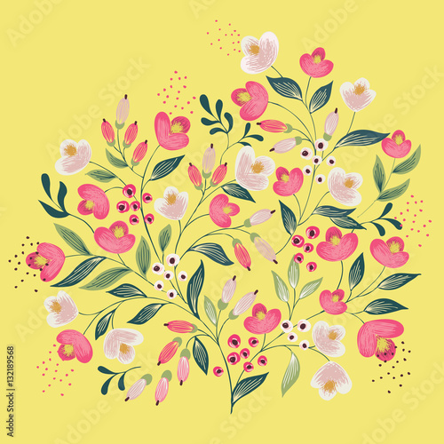 Vector illustration of a floral circle bouquet with colorful flowers. Yellow background