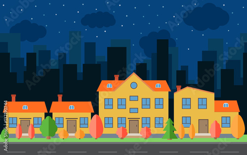 Vector night city with cartoon houses and buildings. City space with road on flat style background concept. Summer urban landscape. Street view with cityscape on a background 