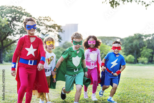 Superheroes Cheerful Kids Expressing Positivity Concept