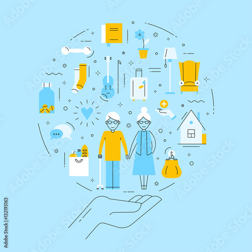 The flat concept of social support, help and rights for elderly people. Design in thin line style.