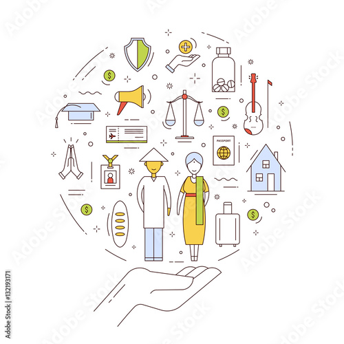 The concept of equality migrants with two people different national and socio-legal symbols.