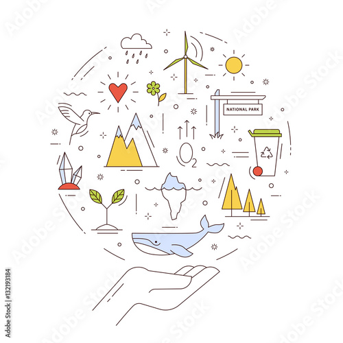Protection of the environment and natural resources. Ecology emblem on white background. Vector concept in thin line style.