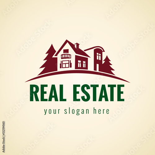 Real-estate vector logo. House for sale sign. Icon for own property agency, building, lease house, insurance, buying, invest or landscaping business. Country house vintage symbol.