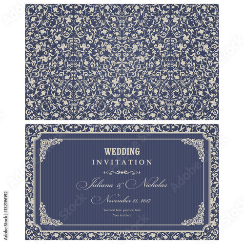 Wedding invitation cards in an vintage-style blue and beige. Beautiful Victorian ornament. Frame with floral elements. Vector illustration.