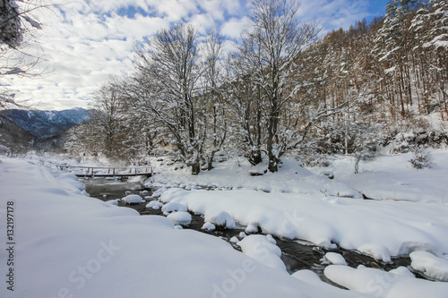 Ribaritsa village and Beli Vit river, winter landscape, Bulgaria